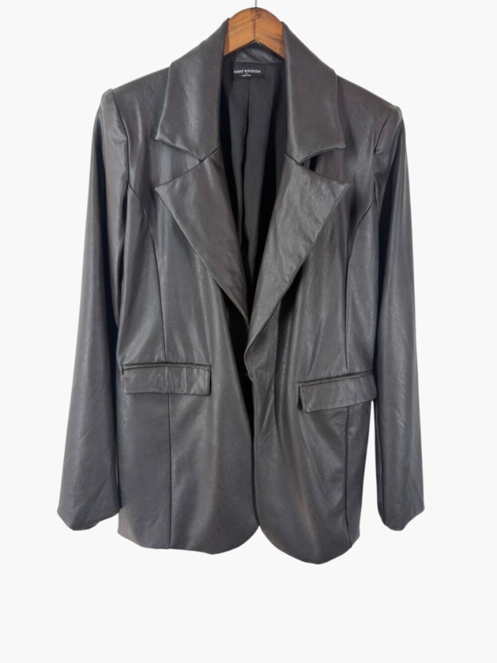 Naked Wardrobe Faux Leather Blazer Brown Jacket Size M Hook Closure - Picture 2 of 9